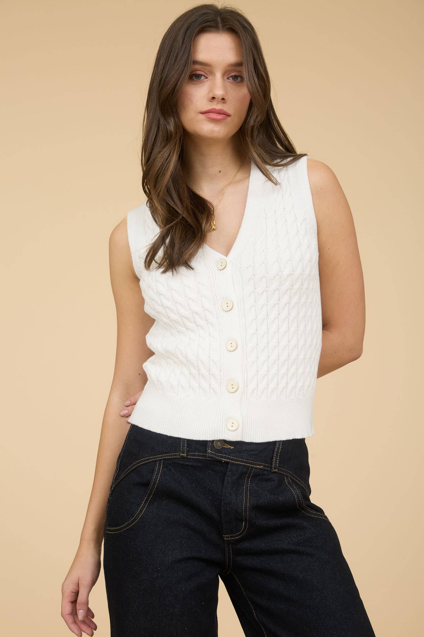 V NECK BUTTON DOWN CABLE KNIT SWEATER VEST