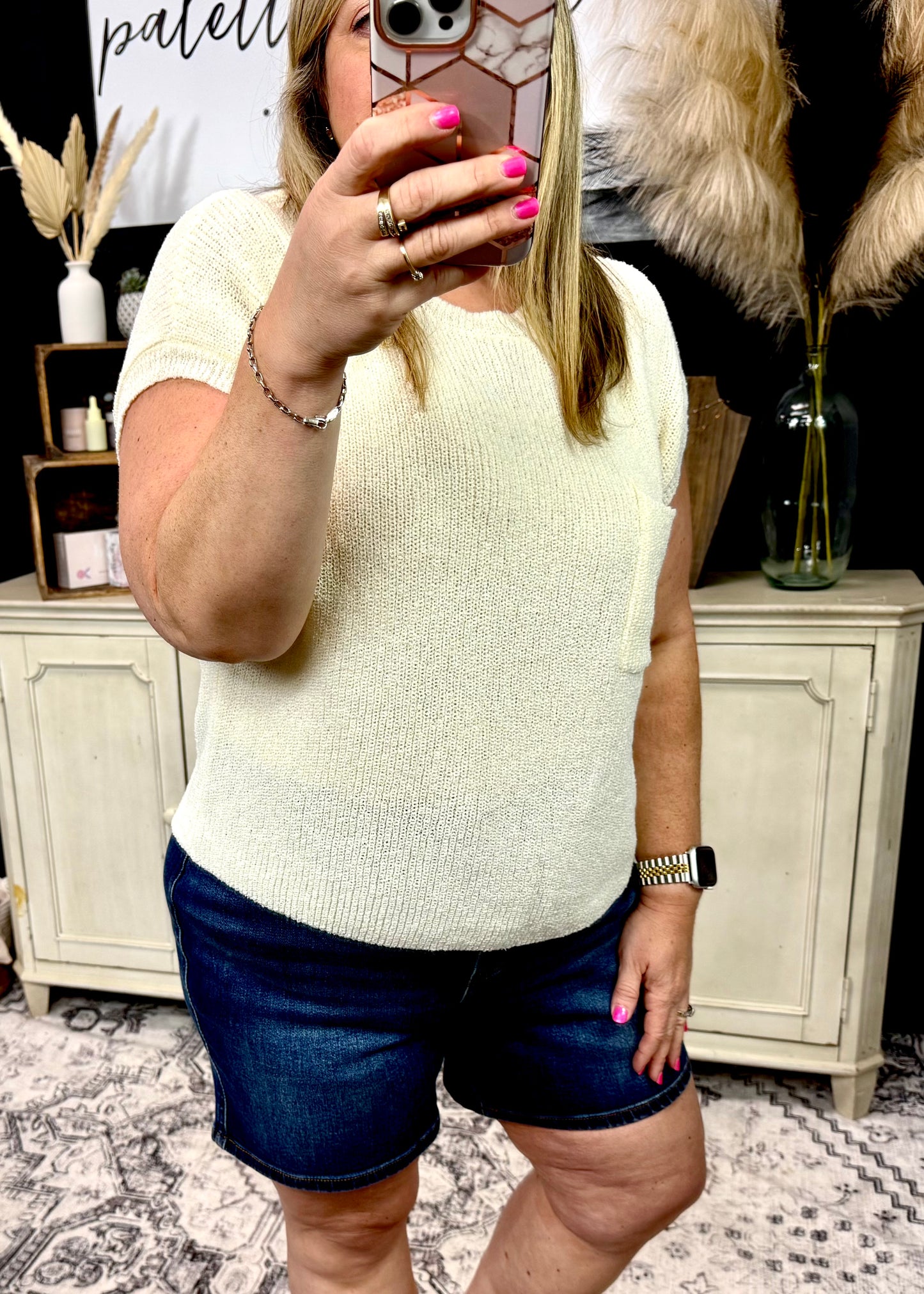 CREWNECK SHORT SLEEVE BATWING SWEATER WITH POCKET