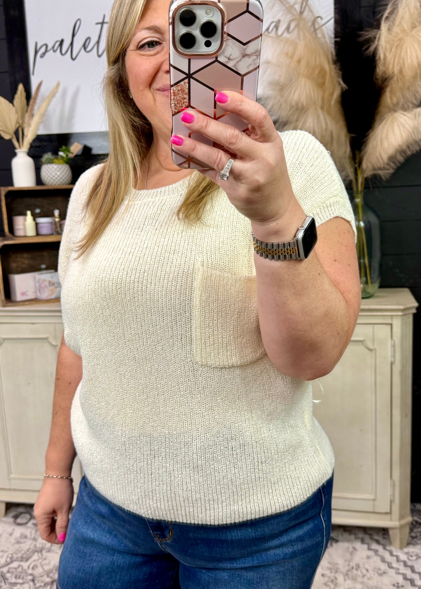 CREWNECK SHORT SLEEVE BATWING SWEATER WITH POCKET