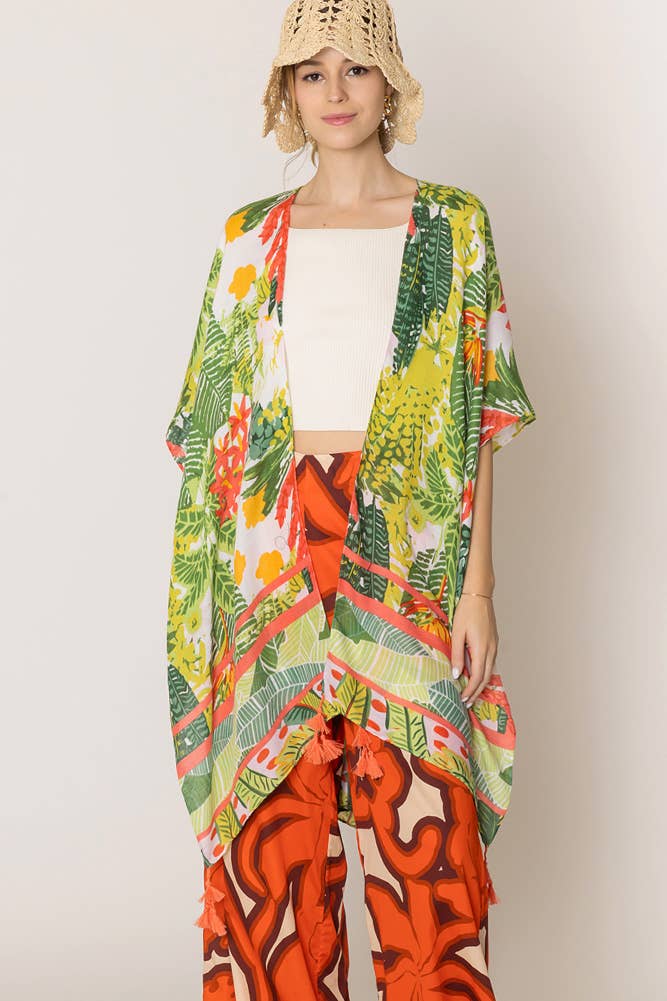 Floral Pattern Print Tassel Summer Kimono: Fuchsia