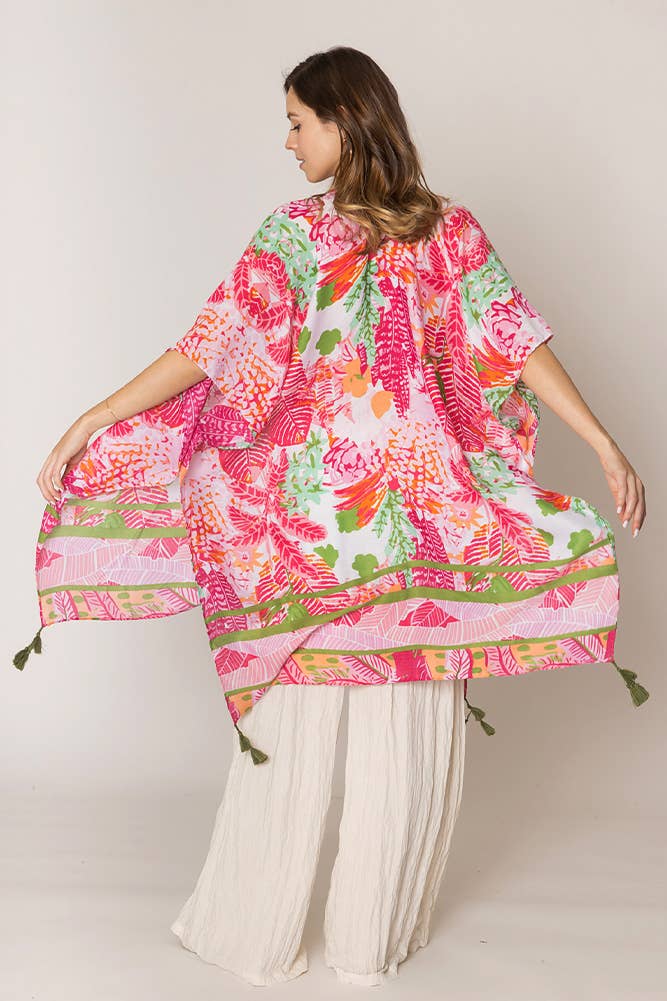Floral Pattern Print Tassel Summer Kimono: Fuchsia