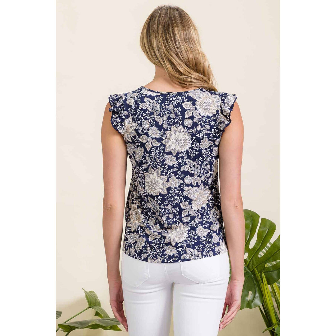 FLORAL ITY TIE KEYHOLE RUFFLE TANK