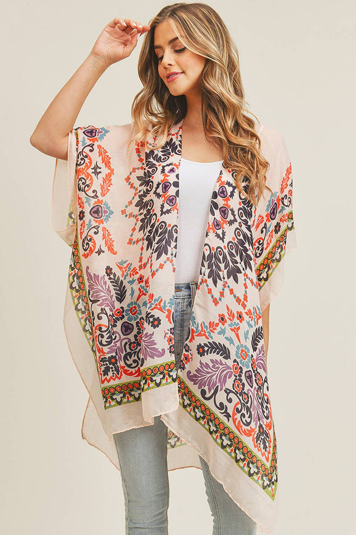 Bohemian Print Summer Kimono: Beige/Burgundy