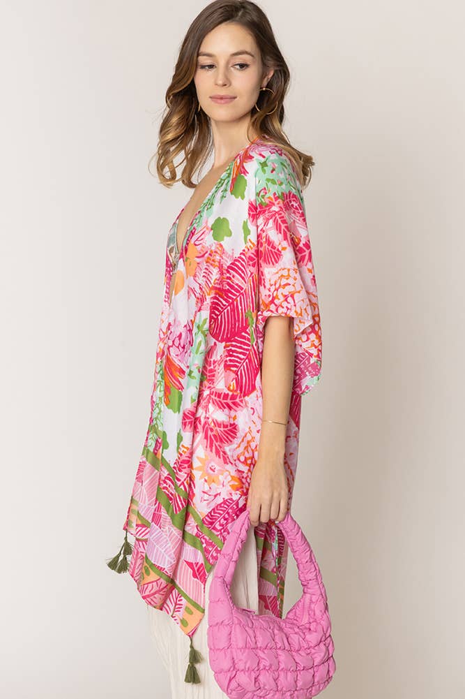 Floral Pattern Print Tassel Summer Kimono: Fuchsia