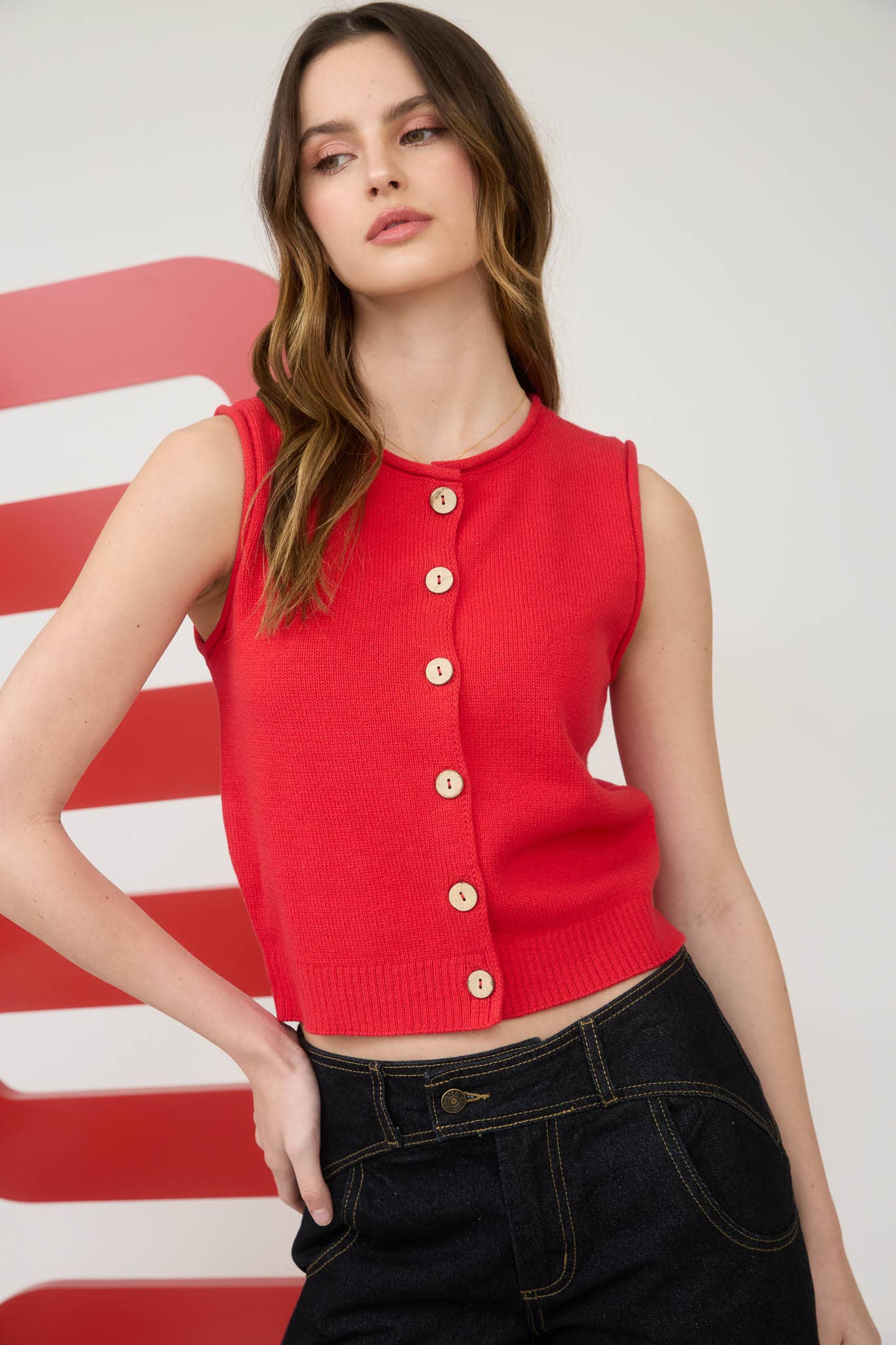 RAW EDGE BUTTON DOWN KNIT CARDIGAN VEST TOP