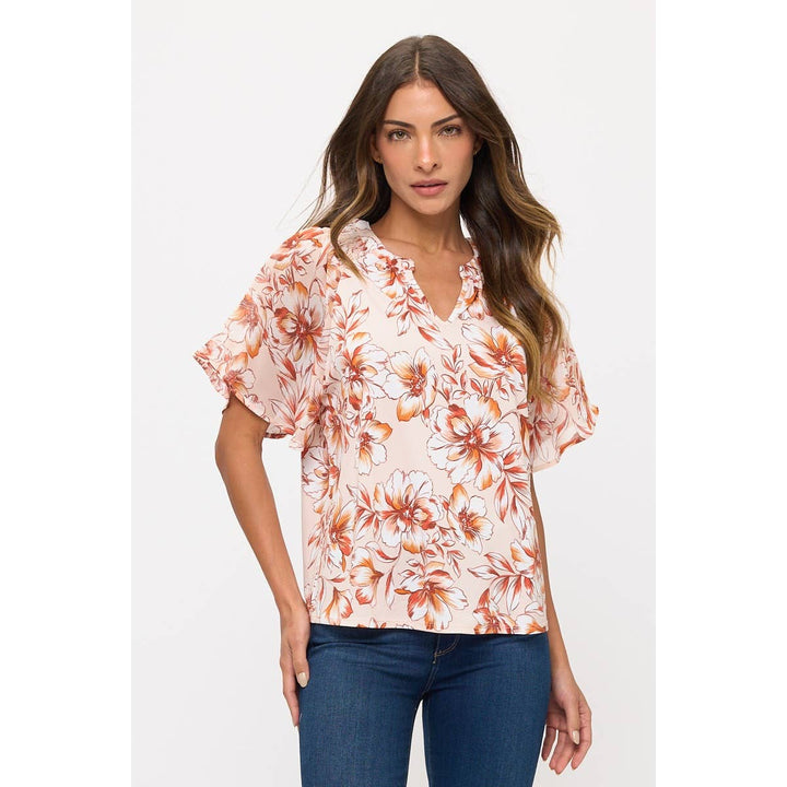 FLORAL ITY MIX MEDIA SPLIT NECK FASHION TEE