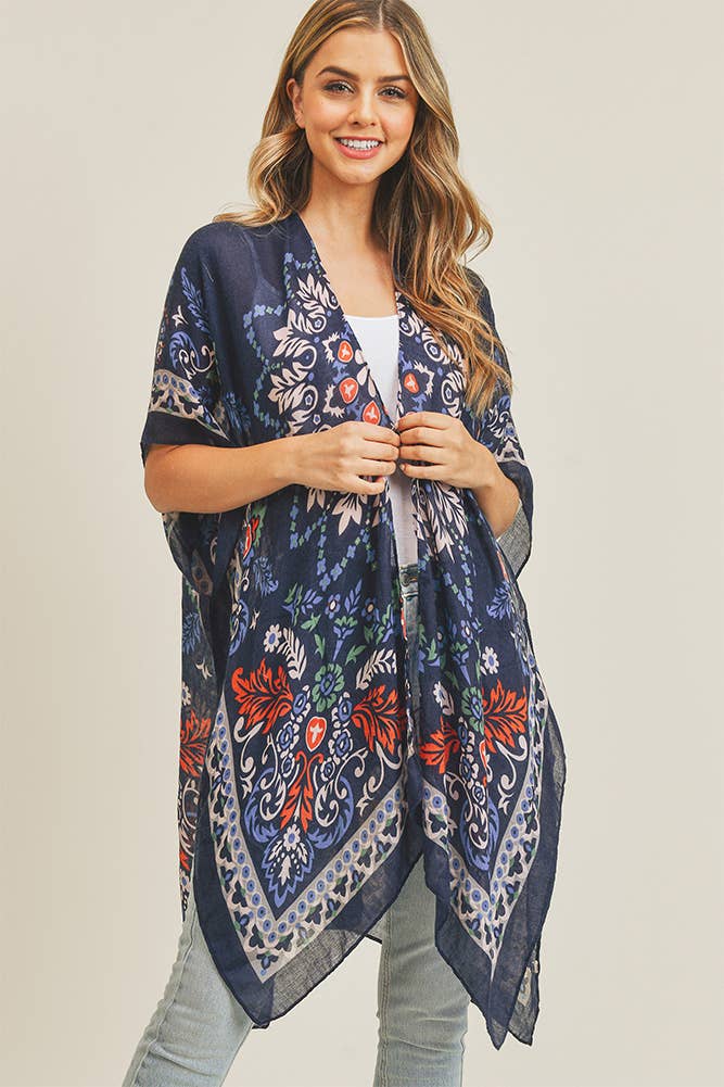 Bohemian Print Summer Kimono: Beige/Burgundy