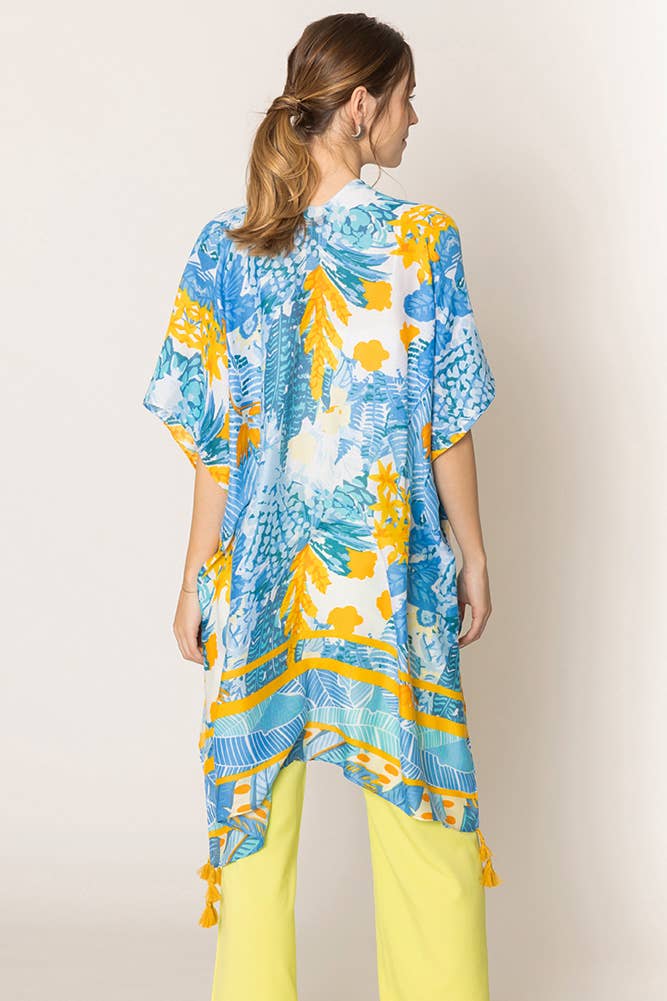 Floral Pattern Print Tassel Summer Kimono: Fuchsia