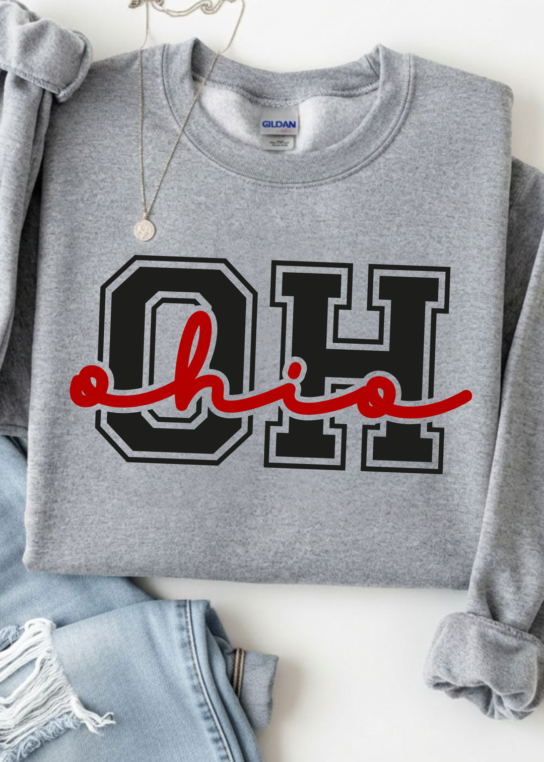 RED CURSIVE CENTER GRAPHIC TEE OR SWEATSHIRT