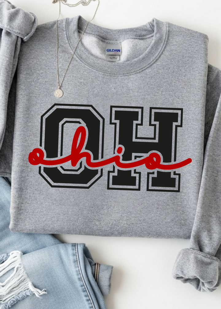 RED CURSIVE CENTER GRAPHIC TEE OR SWEATSHIRT