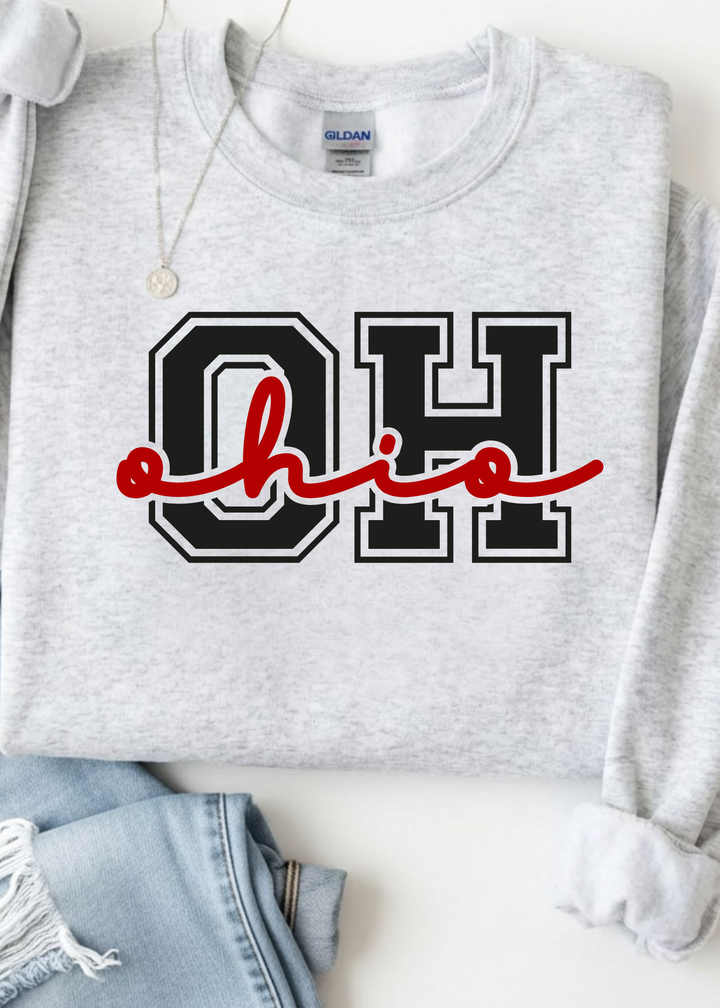 RED CURSIVE CENTER GRAPHIC TEE OR SWEATSHIRT