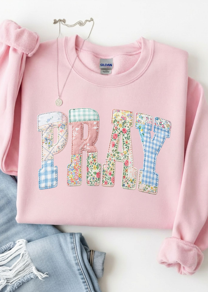 ⭐ BEST SELLER ⭐ FAUX Pray Patchwork Graphic Tee or Pullover - Made to Order