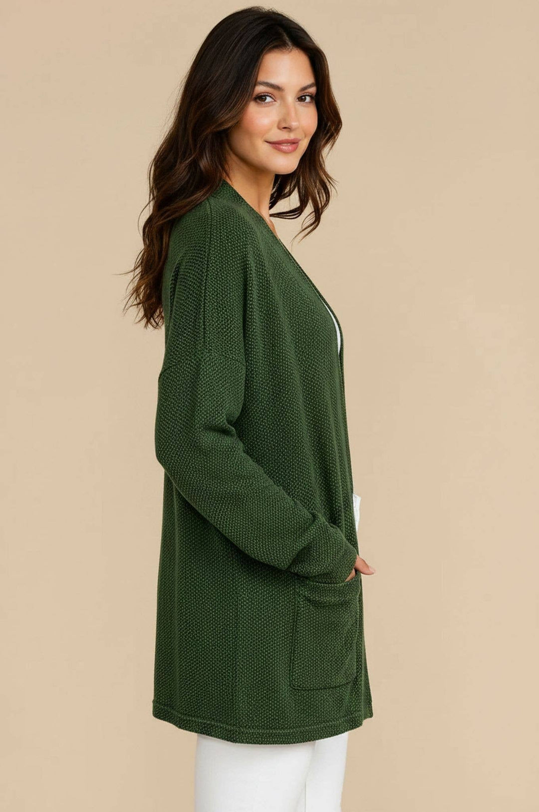 OLIVE JACQUARD KNIT OPEN CARDIGAN WITH POCKETS