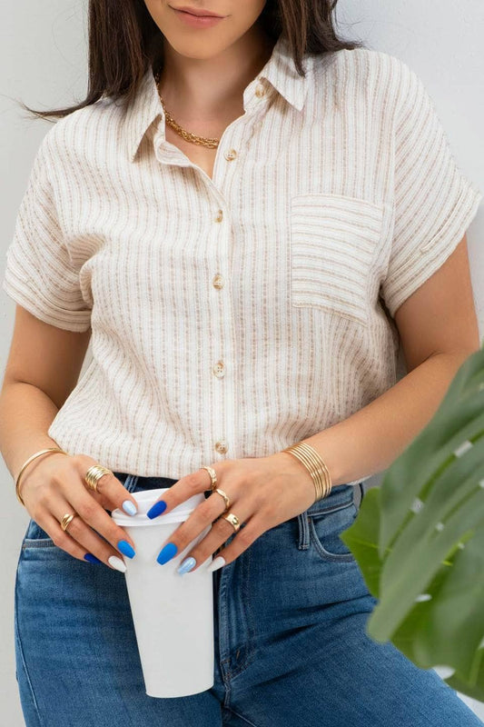 Khaki Stripe Linen Collared Shirt