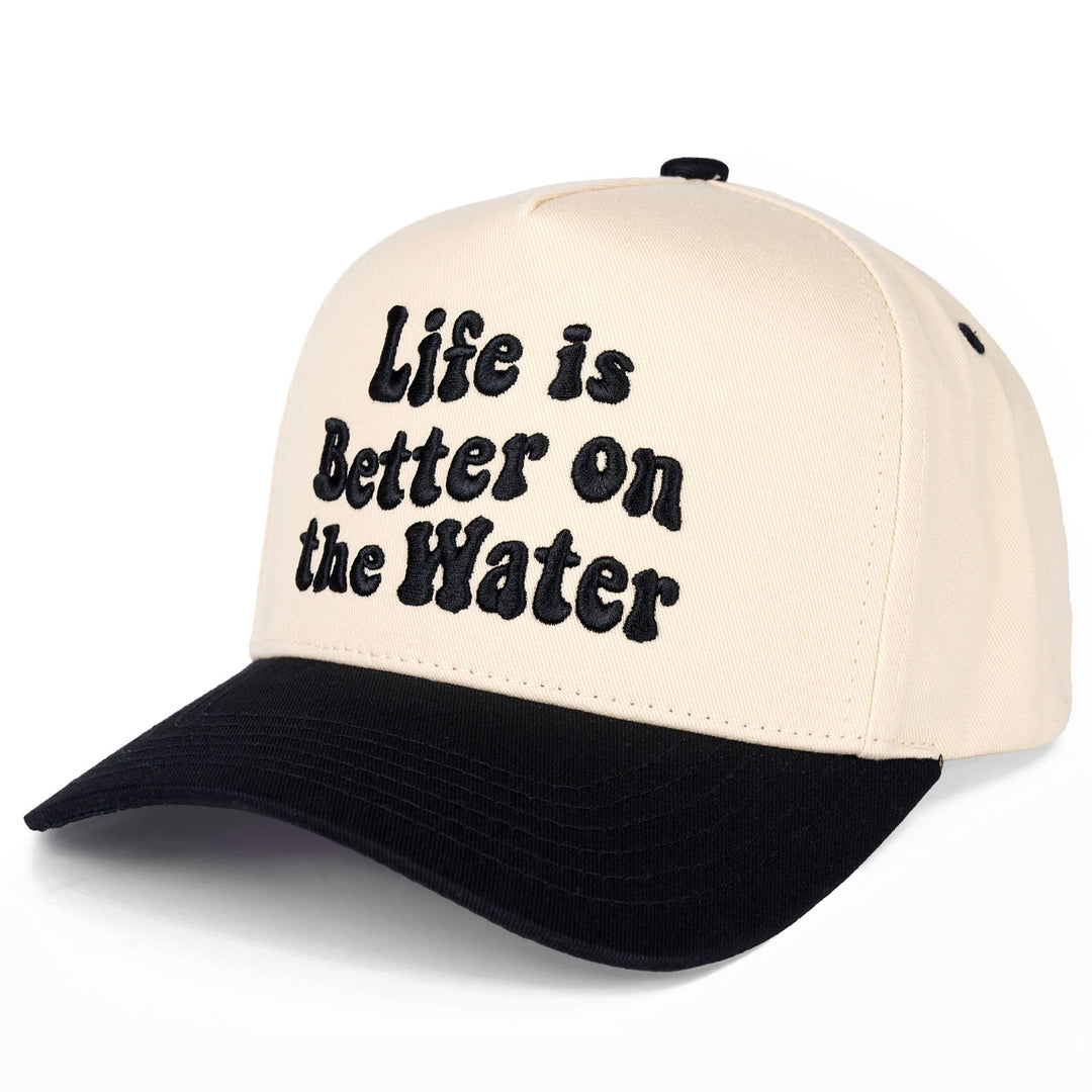 C.C LIFE IS BETTER ON THE WATER Letter Two Tone Trucker Hat: Sky Blue