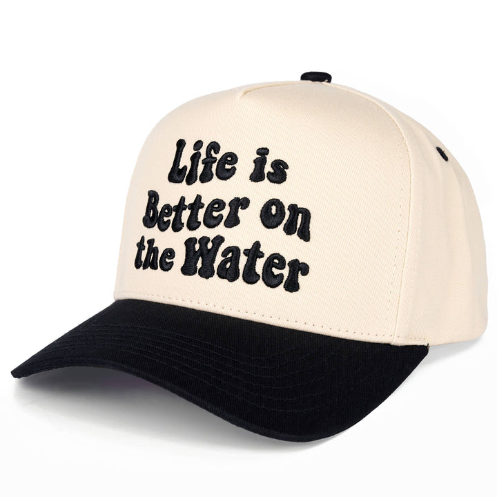 C.C LIFE IS BETTER ON THE WATER Letter Two Tone Trucker Hat: Sky Blue
