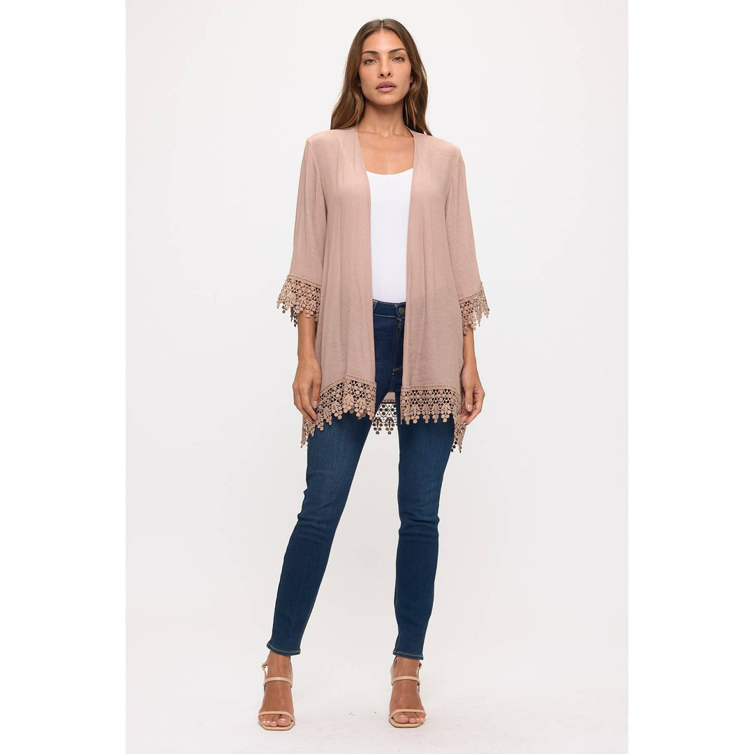 CROCHET LACE OPEN FRONT KIMONO: TAUPE