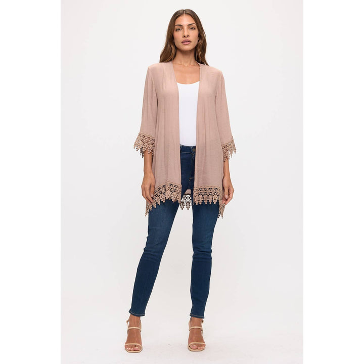 CROCHET LACE OPEN FRONT KIMONO: TAUPE