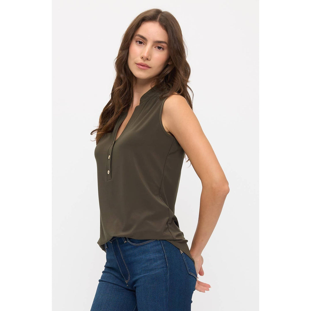 SLEEVELESS BUTTON DOWN SHIRT: Tapenade