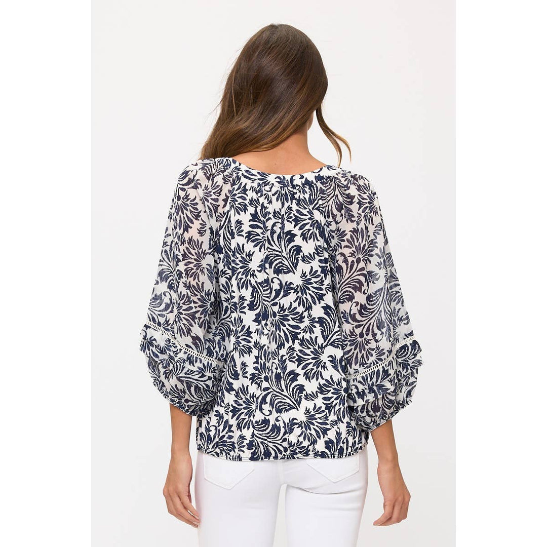 FLORAL MIX MEDIA LATTICE DETAIL BUBBLE HEM PEASANT: Cream/Navy