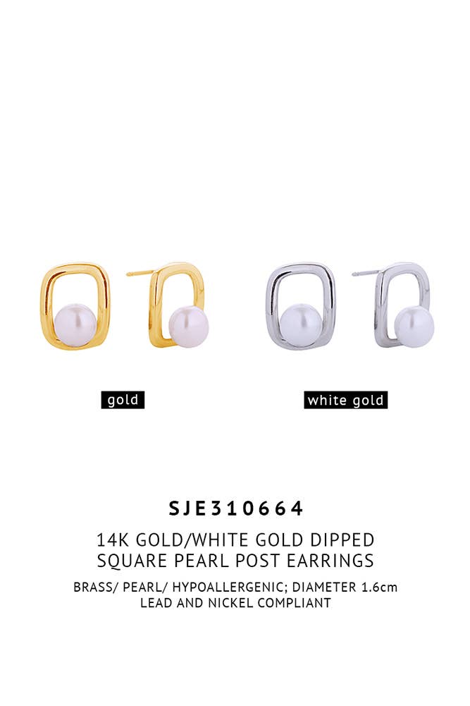 14K Square Pearl Post Earrings: White Gold