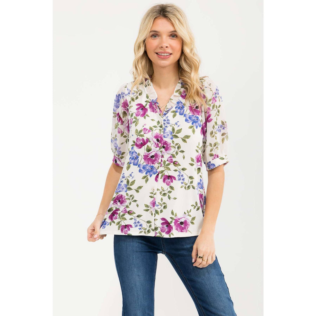 FLORAL MIX MEDIA BUTTON DOWN RUFFLE SHIRT: IVORY/BLUE/LAVENDER