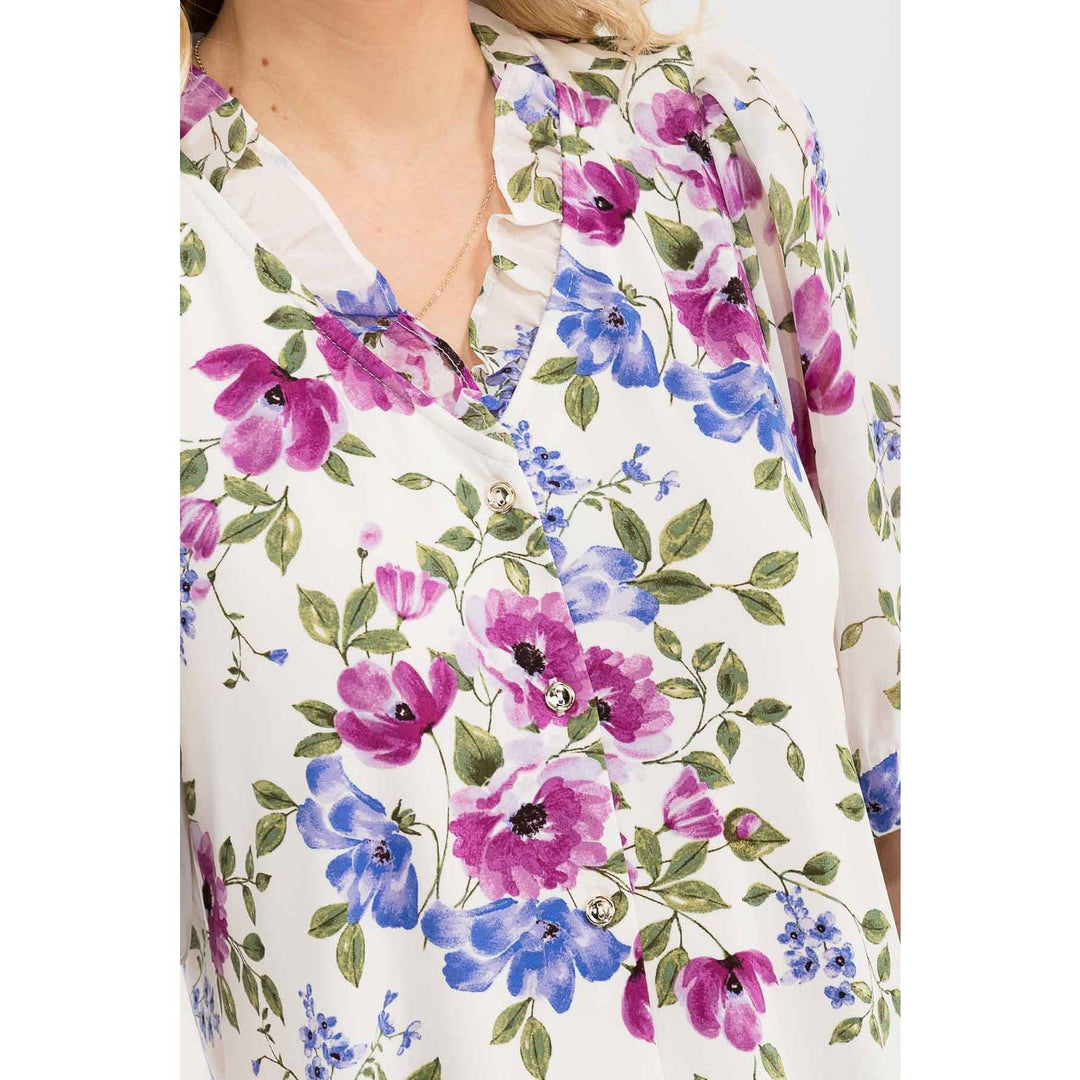 FLORAL MIX MEDIA BUTTON DOWN RUFFLE SHIRT: IVORY/BLUE/LAVENDER