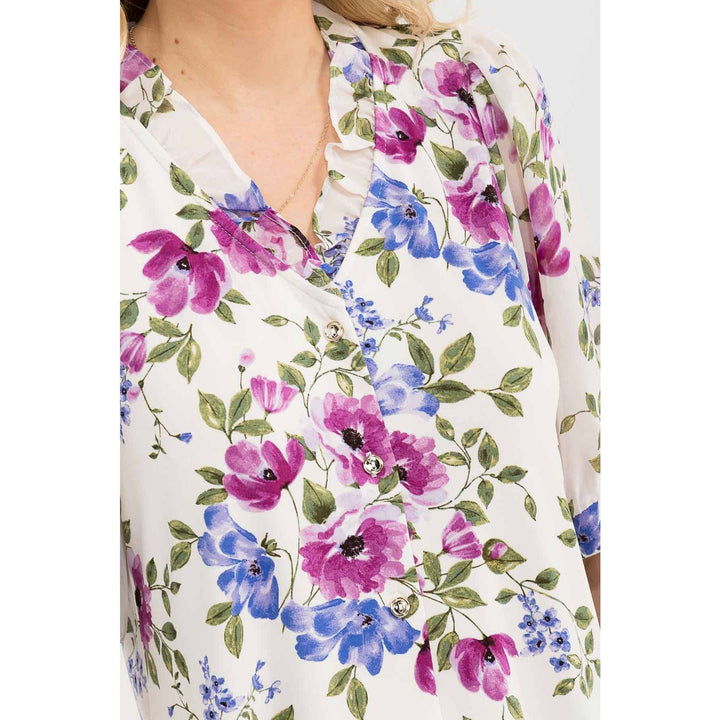 FLORAL MIX MEDIA BUTTON DOWN RUFFLE SHIRT: IVORY/BLUE/LAVENDER