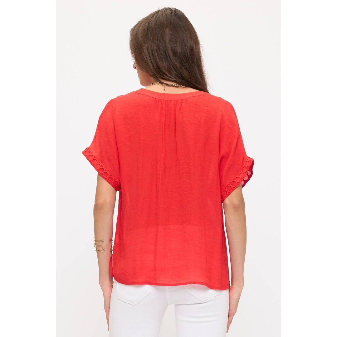 PAPAYA GAUZE SPLIT NECK CROCHET RUFFLE DOLMAN: Fiery Red