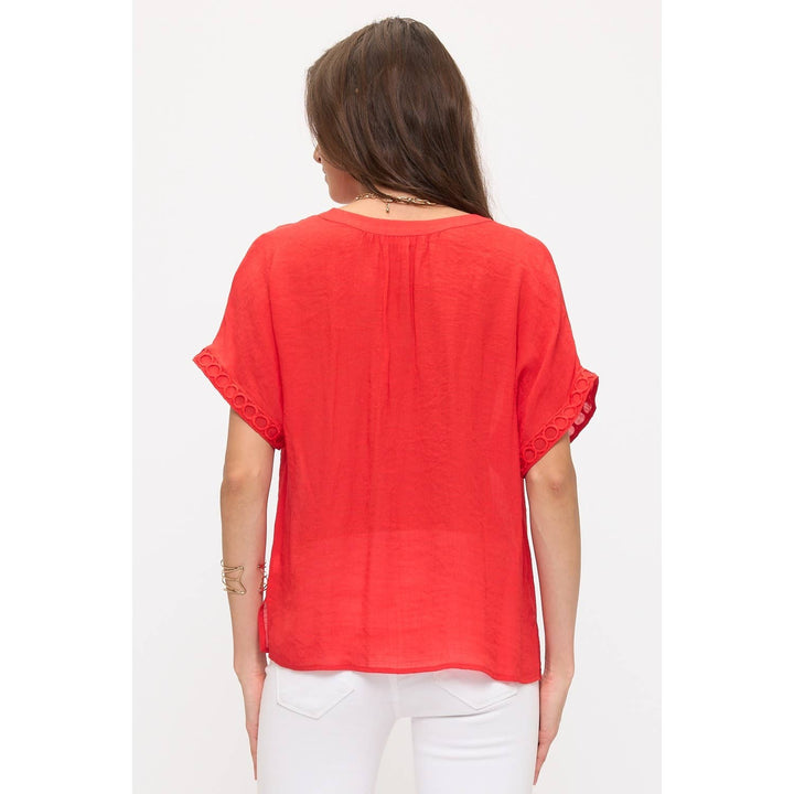 PAPAYA GAUZE SPLIT NECK CROCHET RUFFLE DOLMAN: Fiery Red