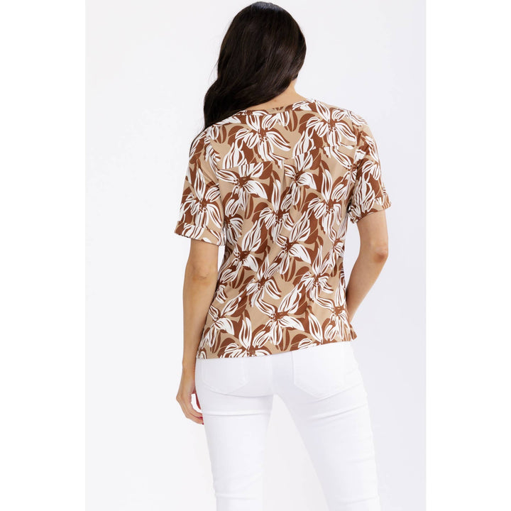 FLORAL BUTTON FRONT SHIRT: TAUPE/BROWN/IVORY