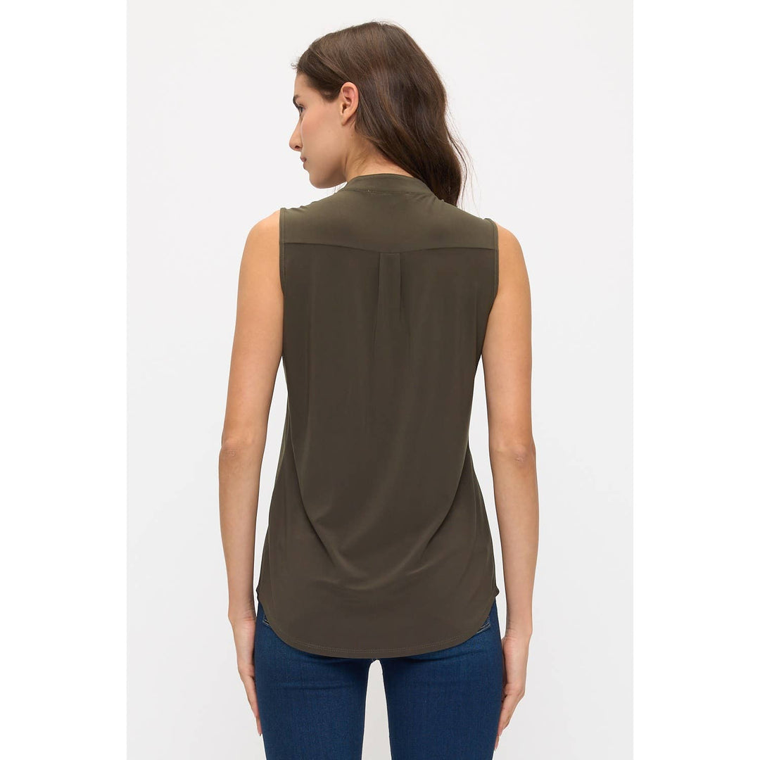 SLEEVELESS BUTTON DOWN SHIRT: Tapenade