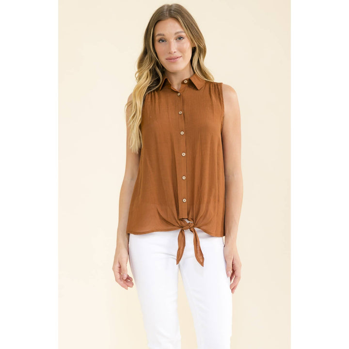 COLLAR TIE FRONT SHIRT: Caramel Cafe