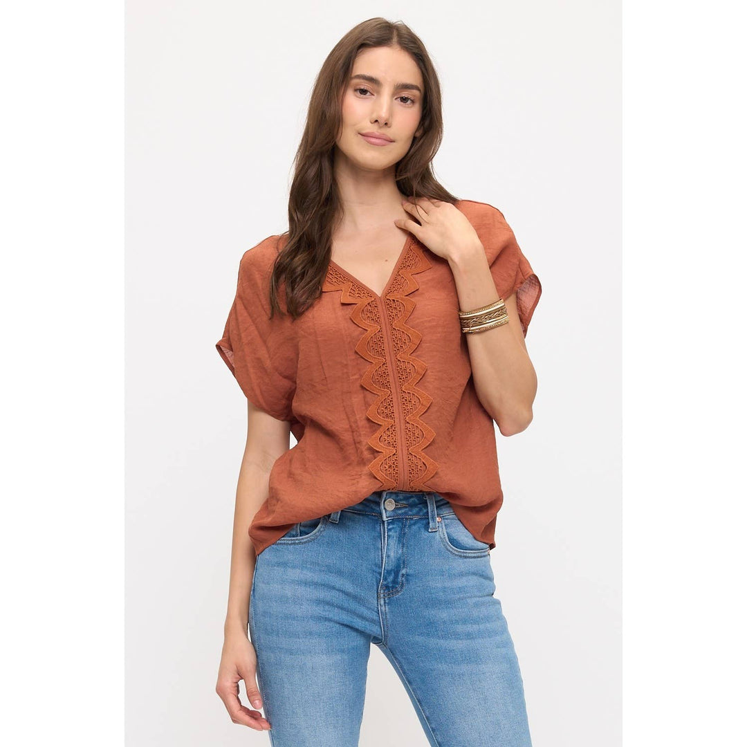GAUZE VNECK CROCHET DOLMAN: Sunburn