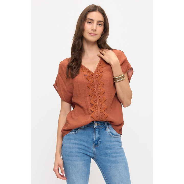 GAUZE VNECK CROCHET DOLMAN: Sunburn