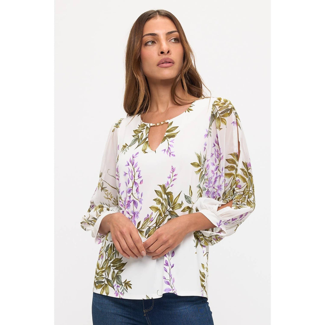 FLORAL SLIT SLEEVE PEARL TRIM BLOUSE: IVORY/GREEN/LILAC
