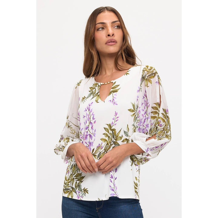 FLORAL SLIT SLEEVE PEARL TRIM BLOUSE: IVORY/GREEN/LILAC