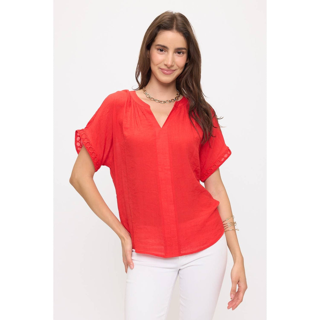 PAPAYA GAUZE SPLIT NECK CROCHET RUFFLE DOLMAN: Fiery Red