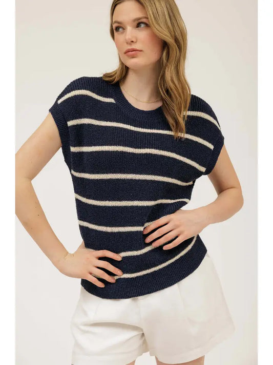 Navy & Cream Short Sleeve Sweater