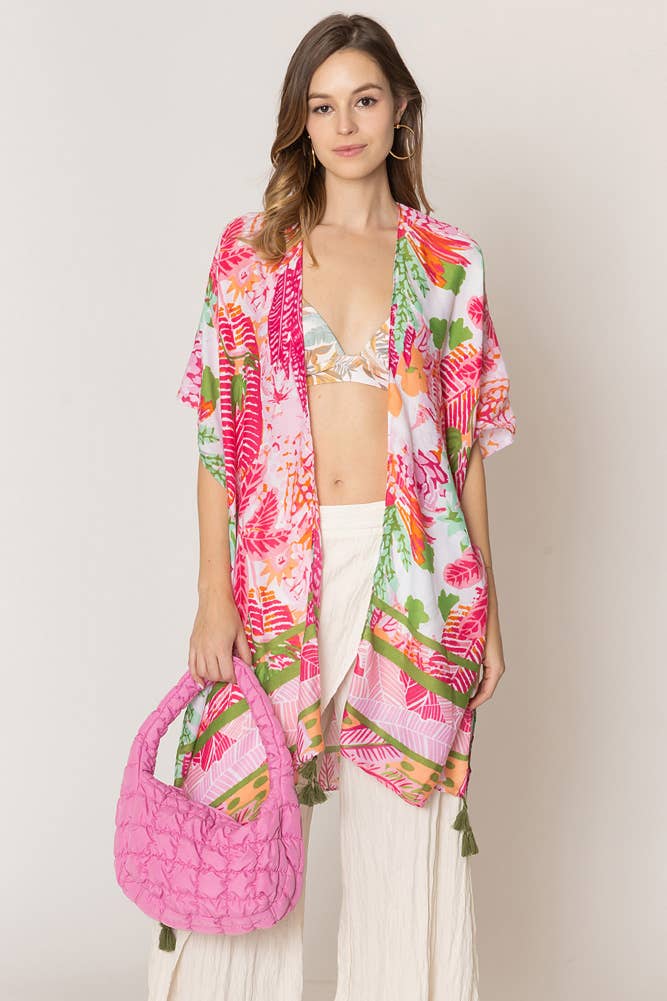 Floral Pattern Print Tassel Summer Kimono: Fuchsia