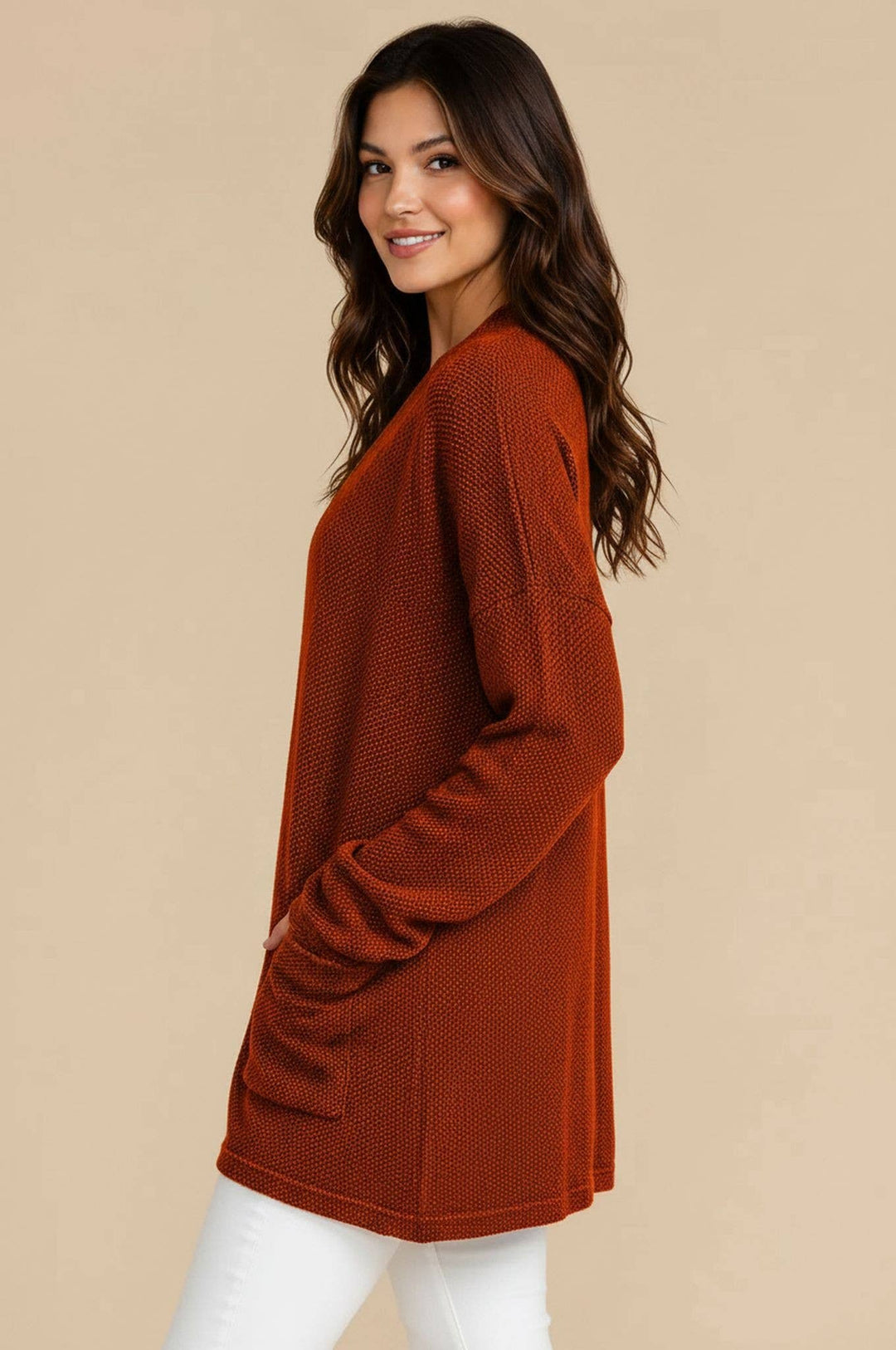 RUST JACQUARD KNIT OPEN CARDIGAN WITH POCKETS