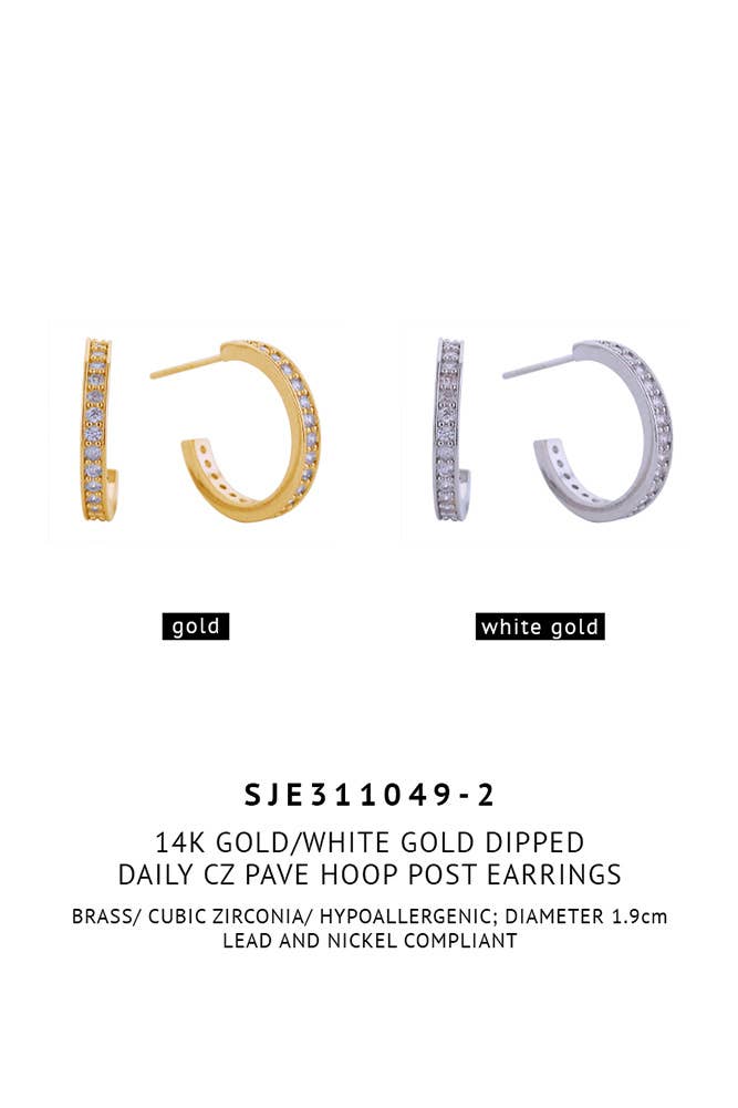 14K Daily CZ Pave Hoop Post Earring: Gold / 2.6 cm