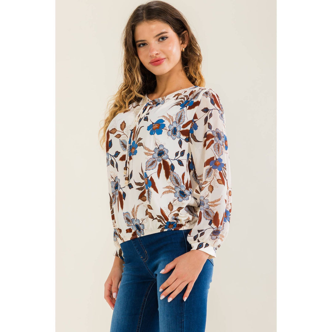 FLORAL BOHO BUBBLE HEM PEASANT: CREAM/DENIM