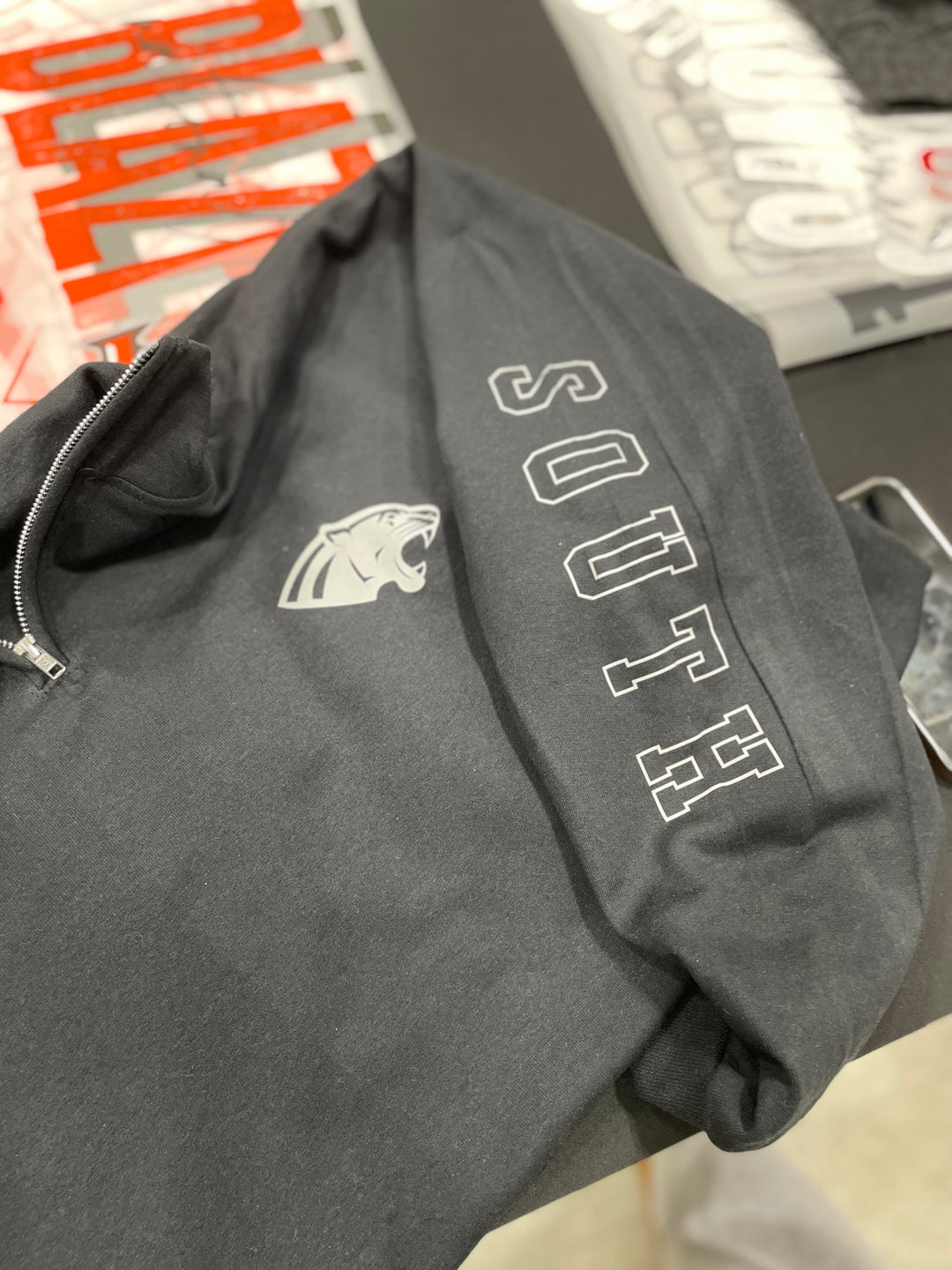 1/4 ZIP SWEATSHIRT HOLLOW SLEEVE FONT WITH MASCOT CHEST - CUSTOM