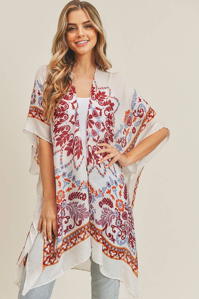 Bohemian Print Summer Kimono: Beige/Burgundy