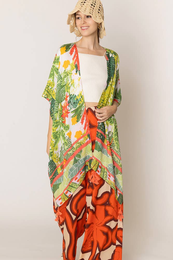 Floral Pattern Print Tassel Summer Kimono: Fuchsia