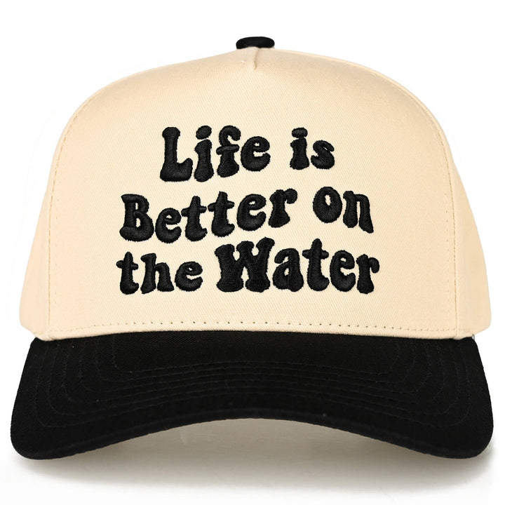 C.C LIFE IS BETTER ON THE WATER Letter Two Tone Trucker Hat: Sky Blue