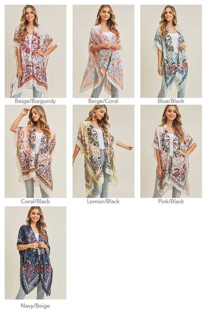 Bohemian Print Summer Kimono: Beige/Burgundy