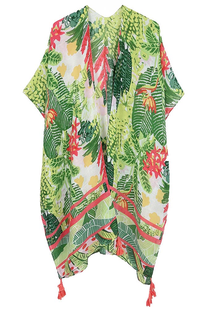 Floral Pattern Print Tassel Summer Kimono: Fuchsia