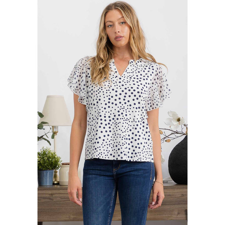 POLKA DOT ITY MIX MEDIA FLUTTER HALF PLACKET PEASANT